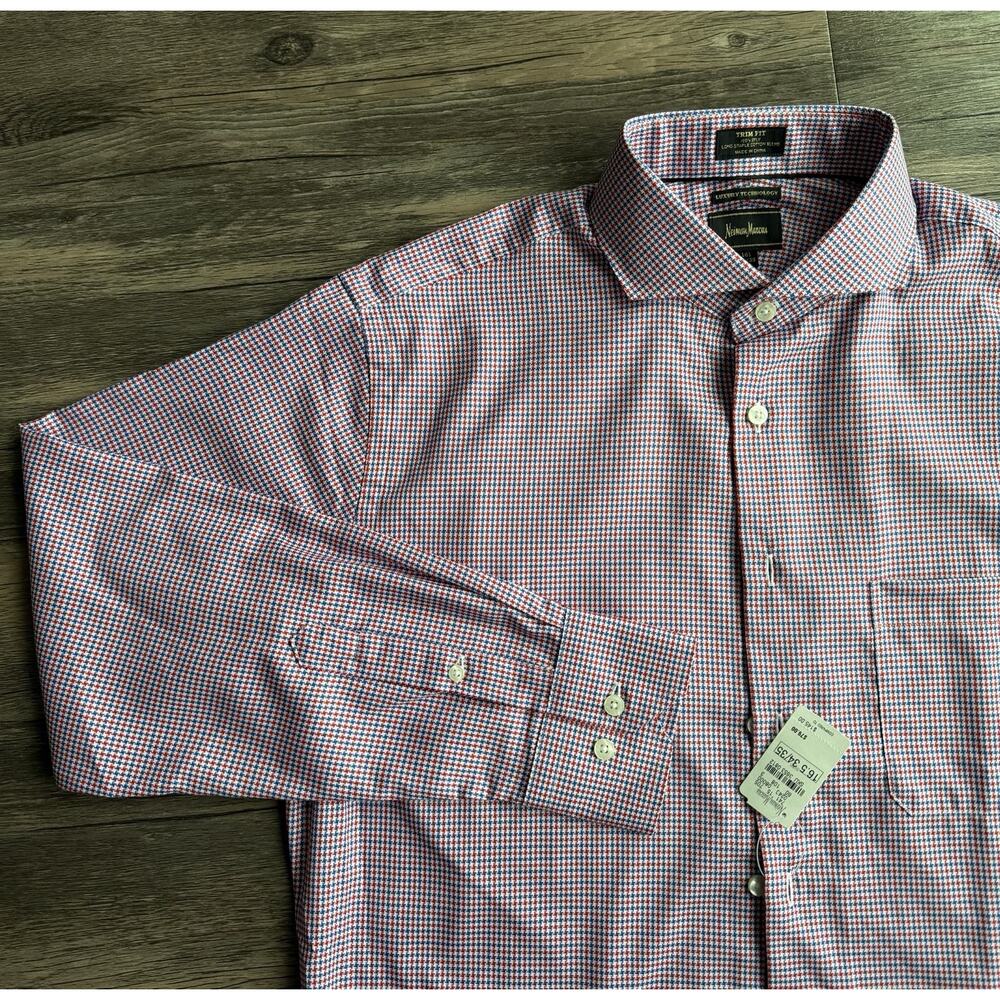 Neiman Marcus Trim-Fit Button-Up $145 MSRP Long Sleeve Shirt Blue Red 16.5 34/35